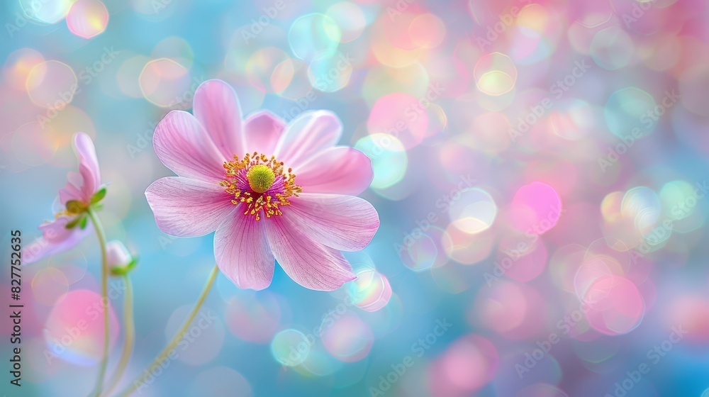 A pink flower in sharp focus against a blurred background, with a circular area of selective focus on the center, featuring a blurry bokeh of light A pink flower in sharp focus against a blurred background, with a circular area of selective focus on the center, featuring a blurry bokeh of light