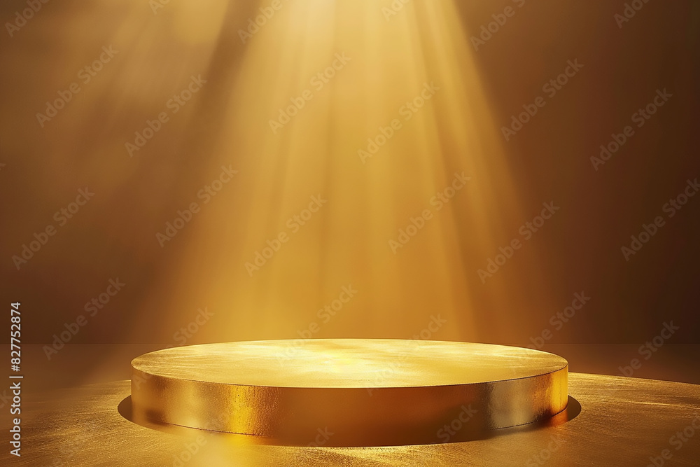 Gold podium on dark background with smoke. Empty pedestal for award ceremony. Platform illuminated by spotlights. Gold podium on dark background with smoke. Empty pedestal for award ceremony. Platform illuminated by spotlights.