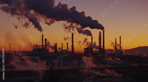 An industrial plant against the background of a fading sky  blowing clouds of smoke against the background of a fading sky. Concept of industrial progress and ecology.