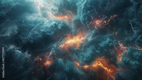 3D Abstract storm clouds with electric discharges photo