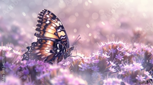  A close-up of a butterfly above a blooming flower field, with a beacon of light radiating from picture's top, and a softly blurred background photo