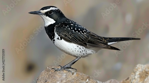  A black-and-white bird sits atop a rock, surrounded by gray-and-white walls One wall is nearby, another lies behind