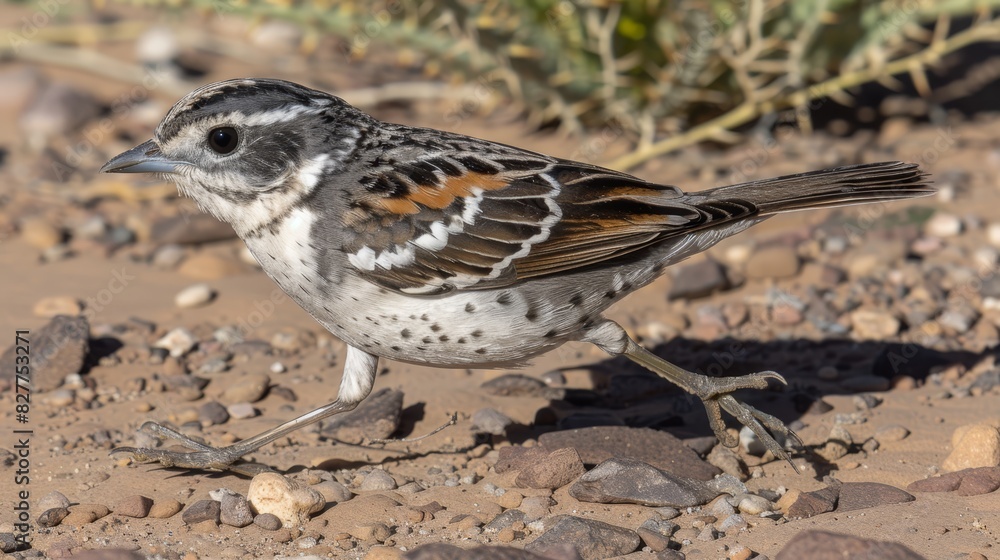 A tight shot of a small bird perched on dirt, surrounded by rocks and scattered plants In the foreground, a cactus stands amidst more rocks and a hint of grass A tight shot of a small bird perched on dirt, surrounded by rocks and scattered plants In the foreground, a cactus stands amidst more rocks and a hint of grass