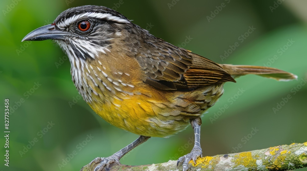 A close-up of a bird on a branch with a blurred background of green leaves A close-up of a bird on a branch with a blurred background of green leaves