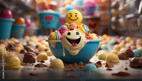 A colorful illustration of cute and smiley vanilla ice cream and scoops, sweetie shop photo