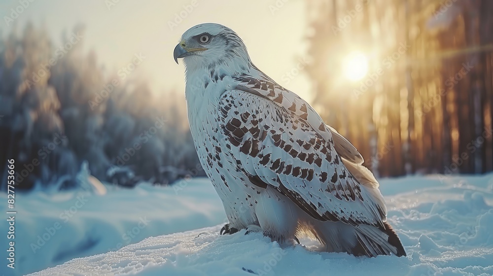 A tight shot of a bird of prey perched on a snow-covered ground Trees line the backdrop, their silhouettes contrasting against the sun's rays filtering A tight shot of a bird of prey perched on a snow-covered ground Trees line the backdrop, their silhouettes contrasting against the sun's rays filtering