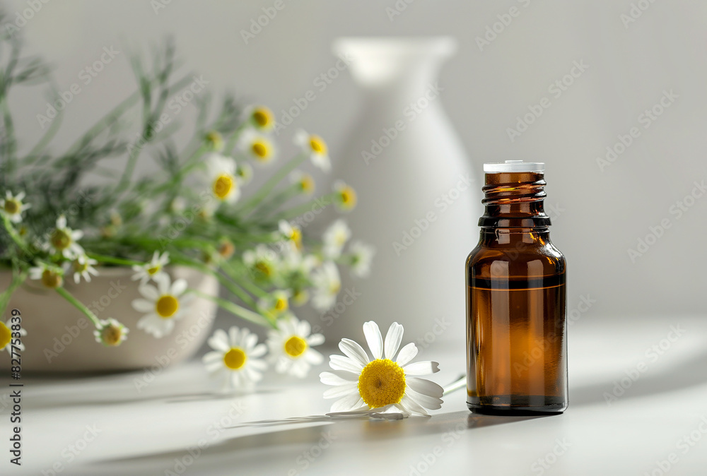 Chamomile aromatherapy essential oil in dark glass bottle Chamomile aromatherapy essential oil in dark glass bottle