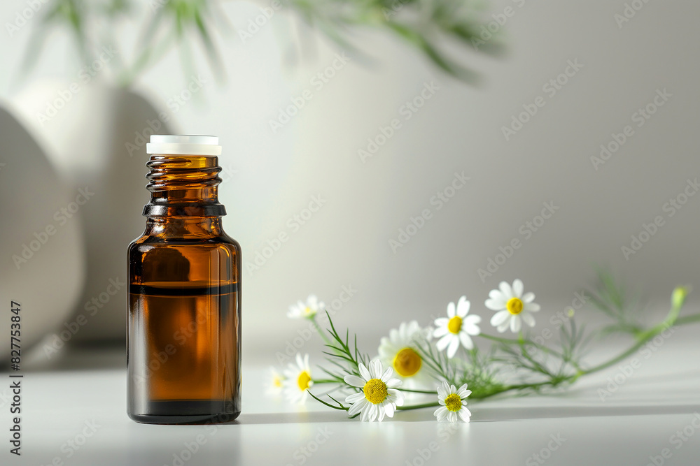 Chamomile aromatherapy essential oil in dark glass bottle Chamomile aromatherapy essential oil in dark glass bottle