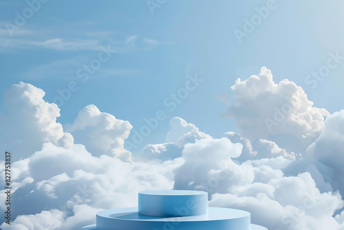 Surreal podium outdoor on blue sky soft white clouds with space. Beauty cosmetic product placement pedestal present stand minimal display