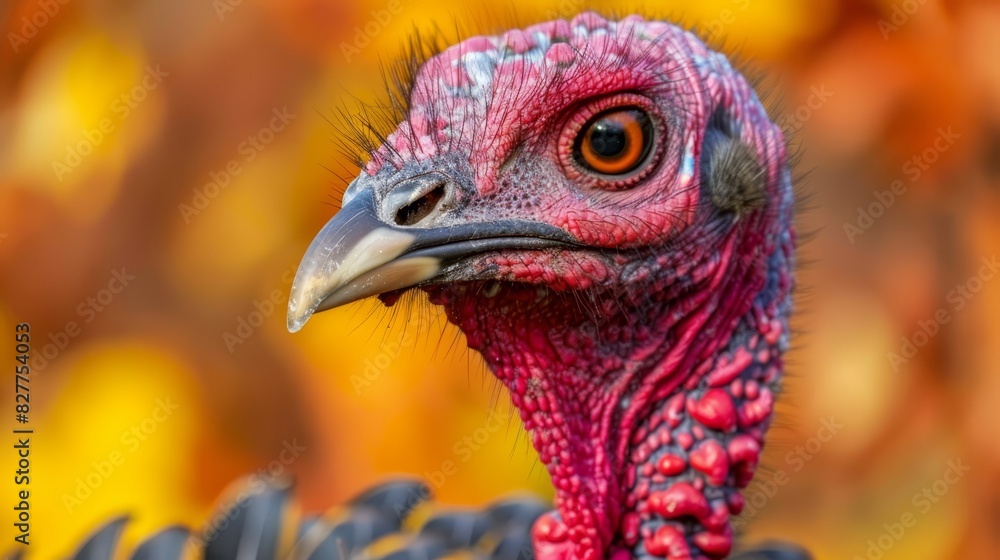 A turkey's head up close against an orange and yellow leaf backdrop Foreground features a blurred tree image A turkey's head up close against an orange and yellow leaf backdrop Foreground features a blurred tree image