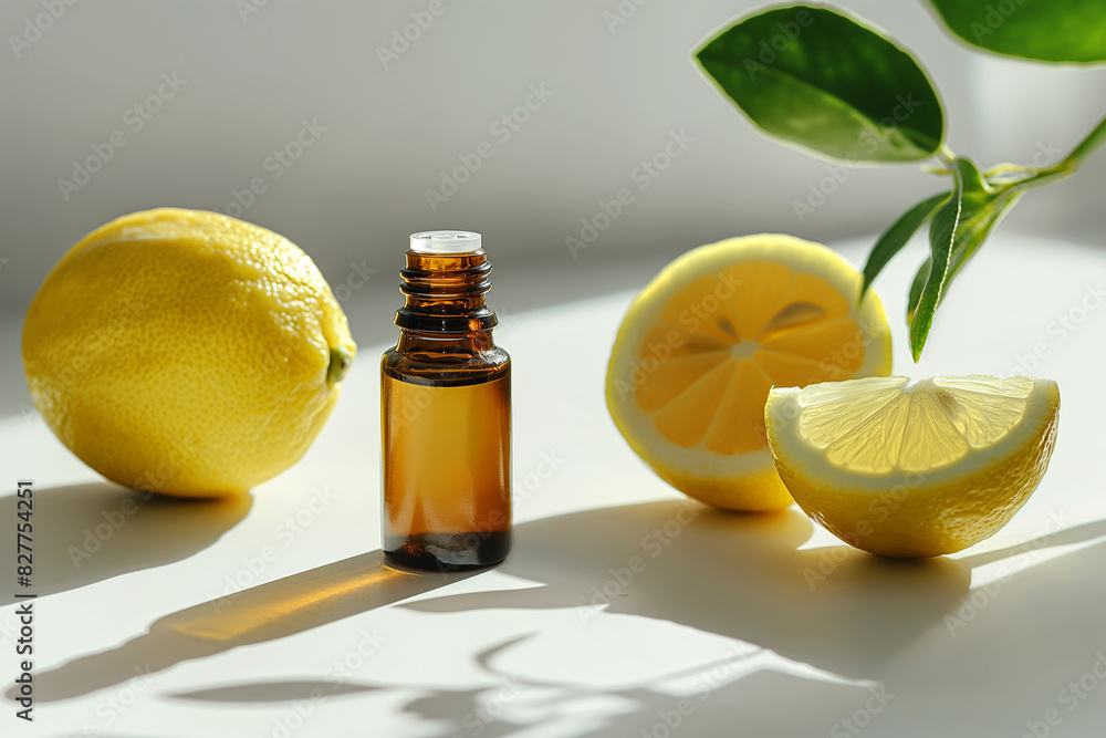 Lemon aromatherapy essential oils in dark glass bottle Lemon aromatherapy essential oils in dark glass bottle