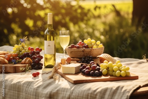 Summer Picnic With White Wine  Fresh Grapes  Cheese  And Baguette On A Table. Generative AI
