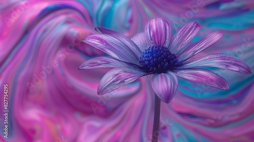  A purple flower with a blue center sits before a swirling background, colored blue and pink, hosting a blue center at its heart photo