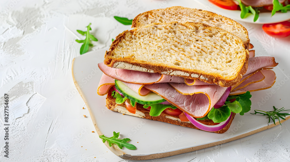 sandwich with pork ham, cheese and salad on a light background, top view. copy space sandwich with pork ham, cheese and salad on a light background, top view. copy space