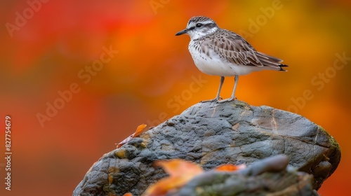  A bird perched on a rock against an orange and yellow backdrop Background includes a blurred depiction of leaves, another bird standing on a separate rock photo