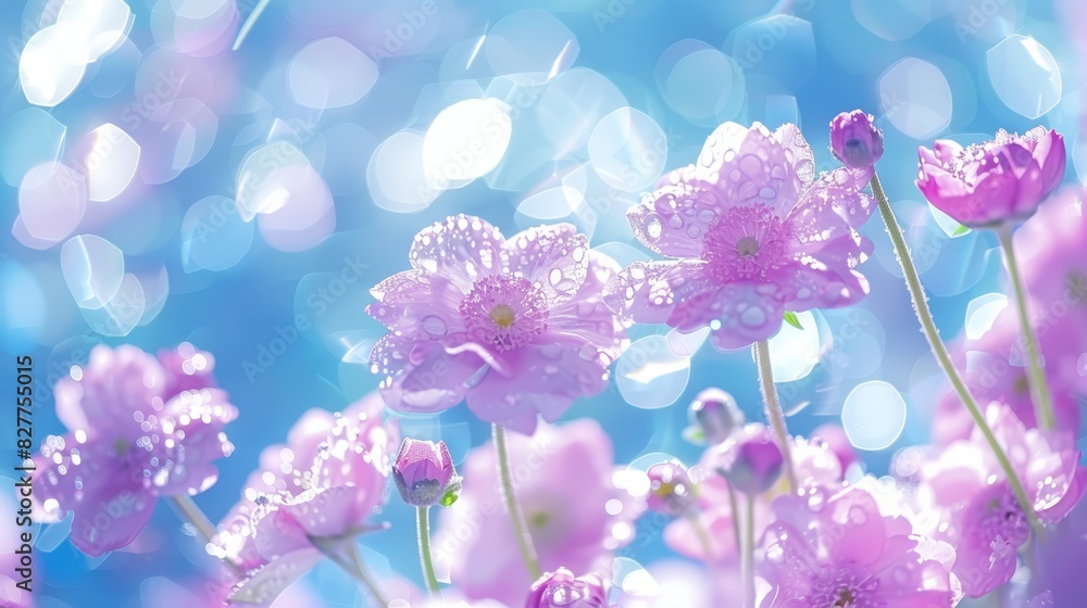 A tight shot of numerous flowers, petals speckled with water droplets, and a hazy backdrop of blue, pink, and white blooms A tight shot of numerous flowers, petals speckled with water droplets, and a hazy backdrop of blue, pink, and white blooms