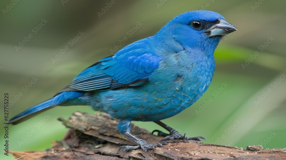  A blue bird perched on a tree branch, adjacent to a green, leafy branch Behind, a blurred expanse of green foliage
