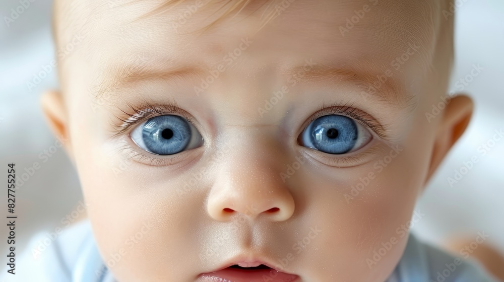 A tight shot of an infant's face expressing surprise, featuring blue eyes and a blue shirt covering its chest A tight shot of an infant's face expressing surprise, featuring blue eyes and a blue shirt covering its chest