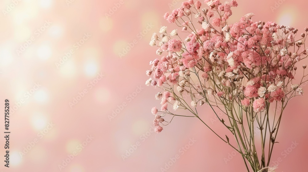 A vase filled with pink and white flowers against a pink background Light boke from above, casting soft shadows, originates from the vase's top Pink wall serves as back A vase filled with pink and white flowers against a pink background Light boke from above, casting soft shadows, originates from the vase's top Pink wall serves as back