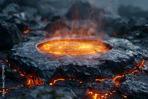 podium lava igneous rock stone hot magma concept stand product display cosmetic skincare male manly molten crust danger texture eruption volcanic melting cracks flame heat scorch. 3D Illustration. photo