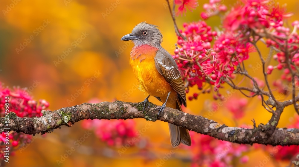 A small bird sits on a tree branch, surrounded by red and yellow blooms Foreground features blurred flowers in shades of yellow and pink A small bird sits on a tree branch, surrounded by red and yellow blooms Foreground features blurred flowers in shades of yellow and pink