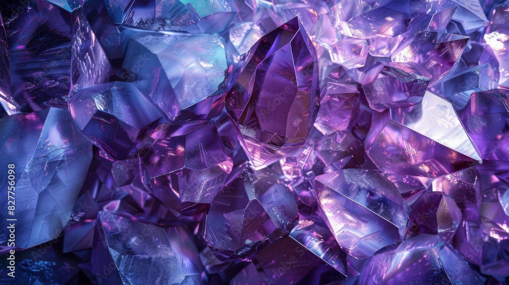 Crystal Structures: Abstract crystalline shapes with reflective surfaces. Cool color tones like blues and purples.