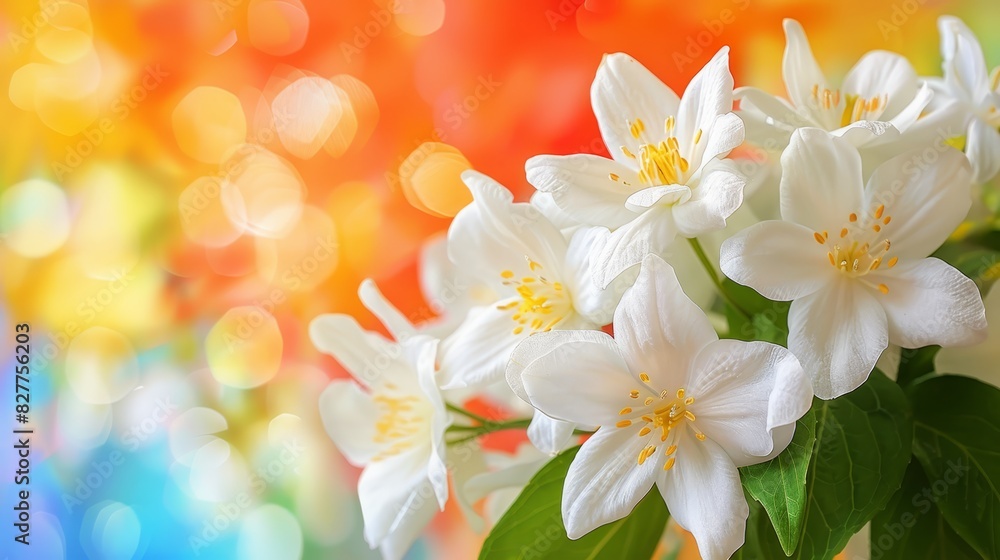 A vase, filled with white flowers, sits atop a table Nearby, a rainbow-colored wall provides a vibrant backdrop Another vase, identical in content but A vase, filled with white flowers, sits atop a table Nearby, a rainbow-colored wall provides a vibrant backdrop Another vase, identical in content but