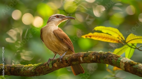  A brown-and-white bird perched on a tree branch, beak agape; a green leaf in sharp focus before it Blurred background of trees and leaves