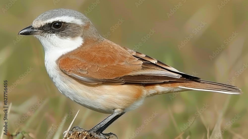 A small brown-and-white bird perches on grassy ground Surrounding it, a blurred backdrop of green grass and brown-and-white flowers merges with the A small brown-and-white bird perches on grassy ground Surrounding it, a blurred backdrop of green grass and brown-and-white flowers merges with the