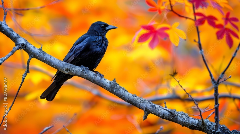 A black bird perches on a tree branch against an autumnal backdrop Orange, yellow, and red leaves surround the bird, while a softly blurred expanse of yellow and red fol A black bird perches on a tree branch against an autumnal backdrop Orange, yellow, and red leaves surround the bird, while a softly blurred expanse of yellow and red fol