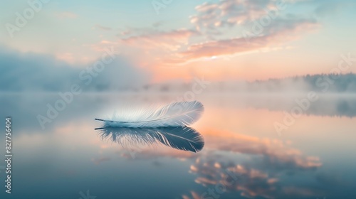 Tranquil Sunrise: White Feather Floating on Mirror-Like Lake