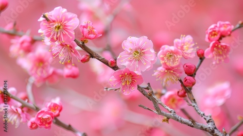  A tight shot of a pink bloom on a tree branch  surrounded by pink blossoms in the foreground The background softly features a mass of pink flowers