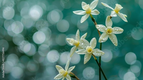  A tight shot of various blooms, adorned with water droplets Background softly blurred in hues of blue, green, yellow, and white flowers © Jevjenijs