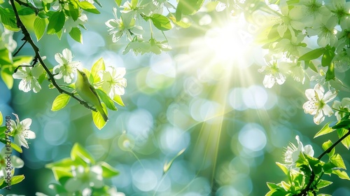  The sun illuminates a blooming tree with white flowers, its green leaves casting vibrant shadows A hazy backdrop of intermingled green leaves unfolds in the distance