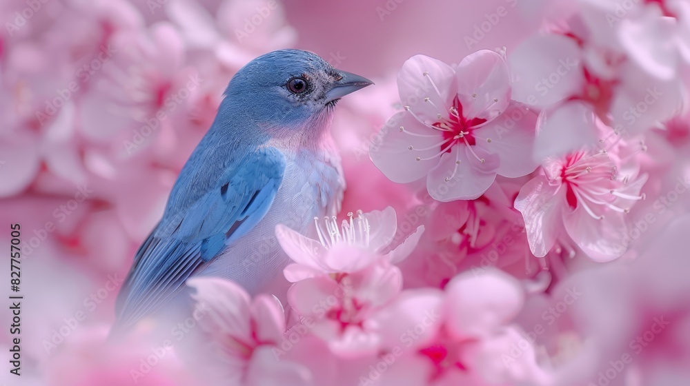  A blue bird perches atop a pink-flowered tree, its branch adorned with pink and white blossoms on either side