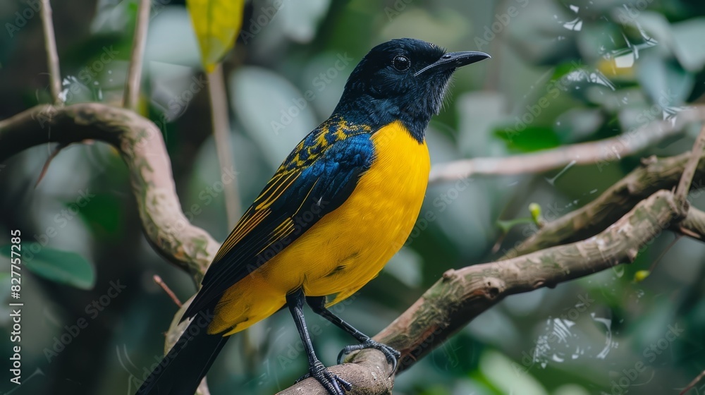 A yellow and black bird perches on a tree branch, before a lush green tree filled with numerous leaves and abundant water droplets A yellow and black bird perches on a tree branch, before a lush green tree filled with numerous leaves and abundant water droplets