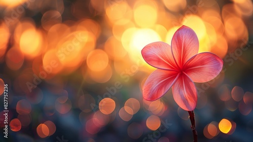  A tight shot of a pink blossom against a backdrop of indistinct lights, accompanied by a blurred flower figure in the foreground with an equally hazy background photo