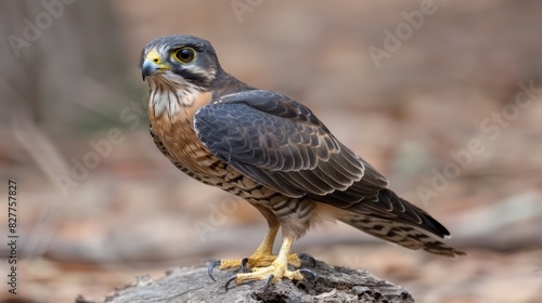  A tight shot of a raptor perched atop a tree stump against a vaguely focused background Foreground similarly blurred