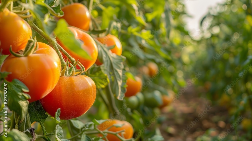 Plump juicy tomatoes ripening in the warm sun on an organic farm. Plump juicy tomatoes ripening in the warm sun on an organic farm.