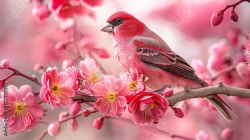  A red bird sits on a tree branch, surrounded by pink flowers in the foreground The background softly features more pink flowers © Jevjenijs