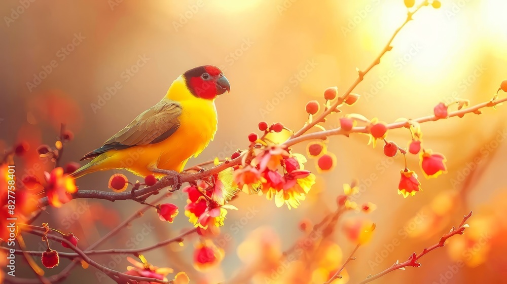 A bird perches on a tree branch, adjacent to a tree adorned with red and yellow blossoms Sunlight bathes the scene from behind A bird perches on a tree branch, adjacent to a tree adorned with red and yellow blossoms Sunlight bathes the scene from behind