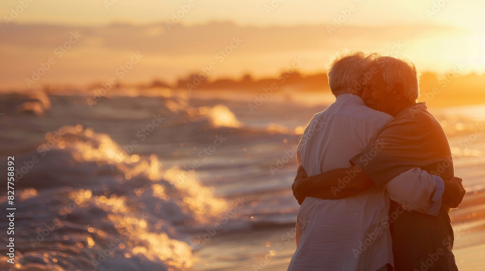 Fototapeta premium A couple of older people are hugging on a beach at sunset