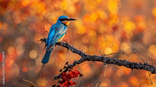  A blue bird perched on a branch against an orange and yellow backdrop of foliage Foreground features a small red flower