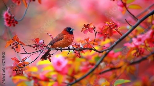  A bird sits on a tree branch, surrounded by red and yellow leaves in sharp focus Behind, a soft blur of pink and yellow flowers forms the backdrop