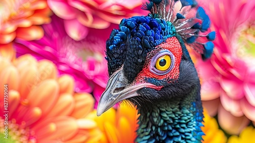 various hues of blue, red, orange, yellow, and pink blooms The bird's face is slightly photo