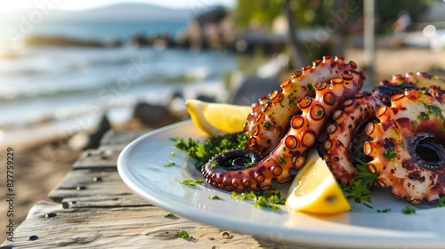 Grilled Octopus with Lemon and Parsley by the Beach