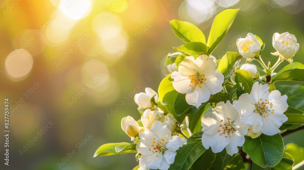  A tight shot of flower-laden tree branch with sun filtering through leaves Background softly blurred