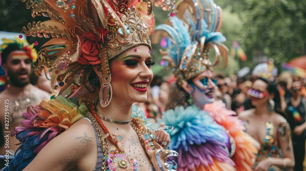 A woman in a colorful costume is smiling and posing for a picture A woman in a colorful costume is smiling and posing for a picture