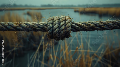  A close-up of a rope against a backdrop of a body of water in the distance In the foreground, there's a combination of water and grass