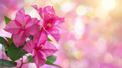  A pink flower with green leaves on a pink and white backdrop The background features blurred lights with an increasing level of obscurity